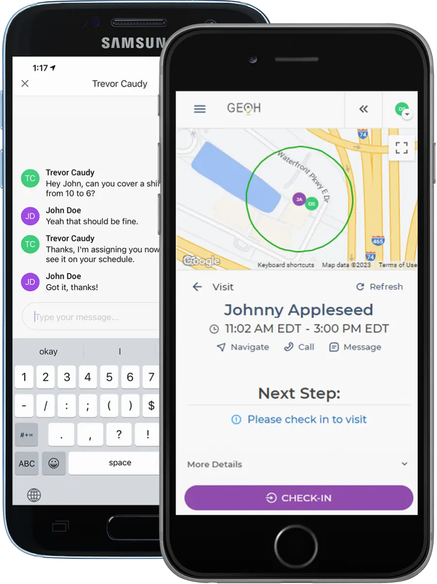 GeoH EVV mobile app showing caregiver check-in